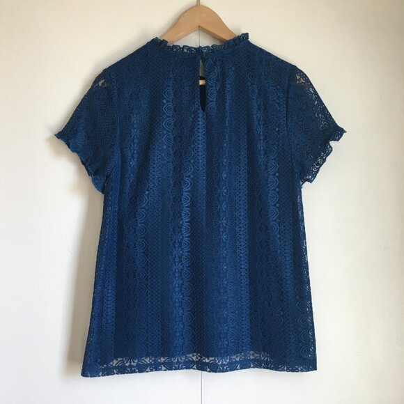 Cable & Gauge Peacock Blue Lacy Short Sleeve Lolita Mock Neck Top - Picture 2 of 16